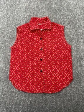 Vintage Girls Sleeveless Button Down Shirt Size Medium Red Floral Print